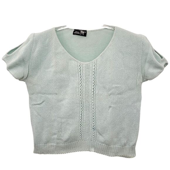 Silver Unicorn Vintage Aqua Blue Cold Should Short Sleeve Knit‎ Top Sweater - Picture 1 of 9